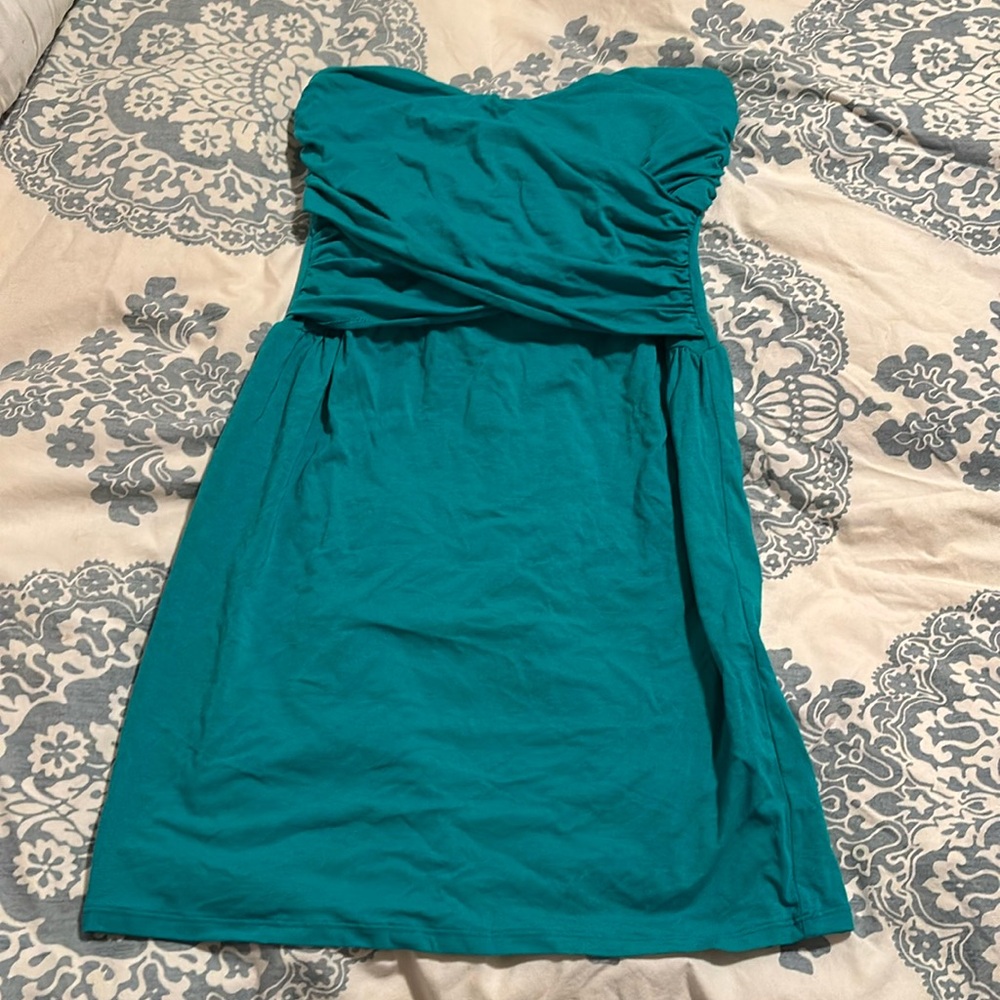 Teal strapless, mini dress